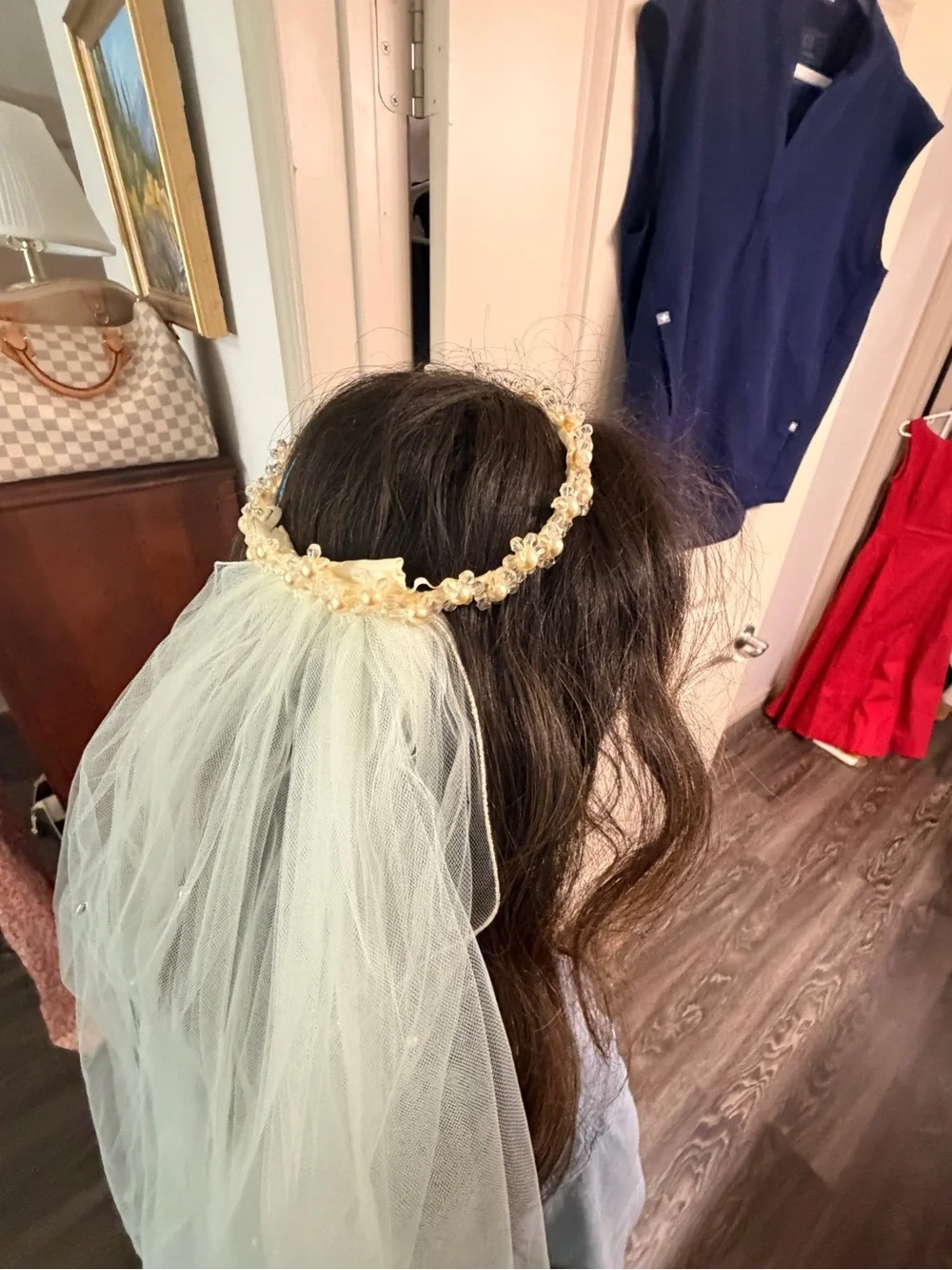 Ivory Pearl-Accented Bridal Veil with Decorative Tiara